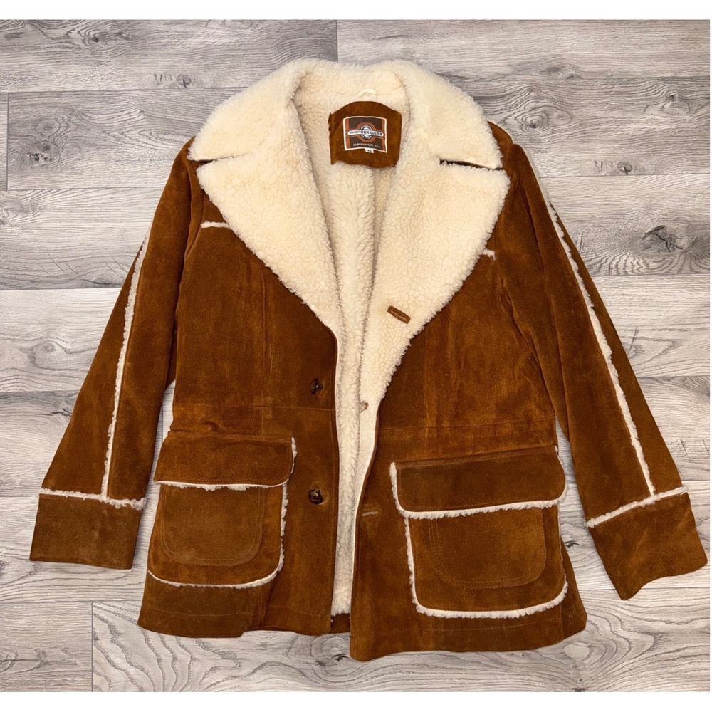 Vintage 70s Pioneer Wear Suede Leather Rancher Jacket Shearling Lined Mens 44